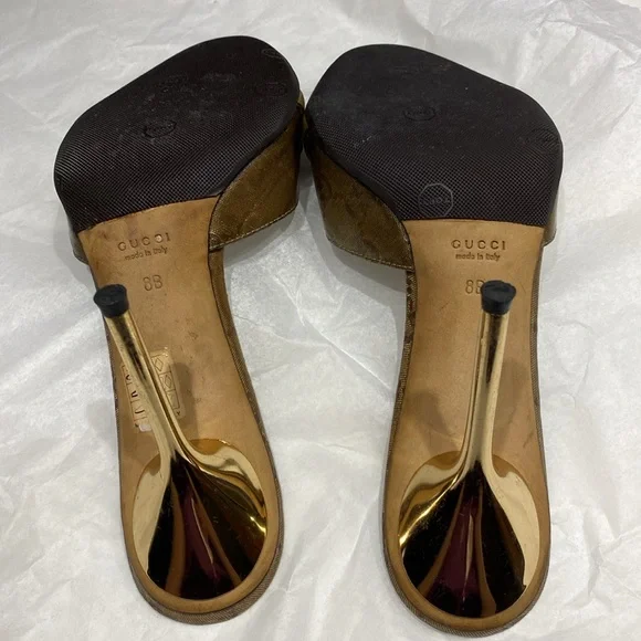 GUCCI Crystal Horsebit GG Heeled Monogram Gold Stiletto Mules size 8 & dust bag - Picture 11 of 17